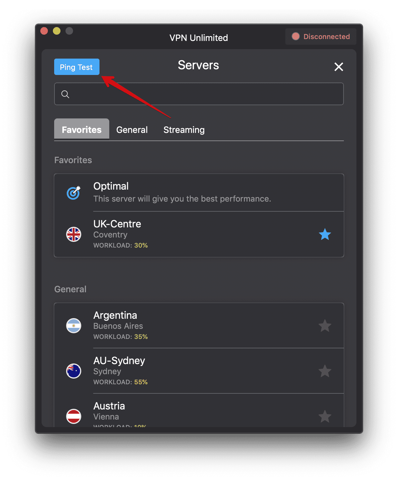 The Ping Test feature in VPN Unlimited