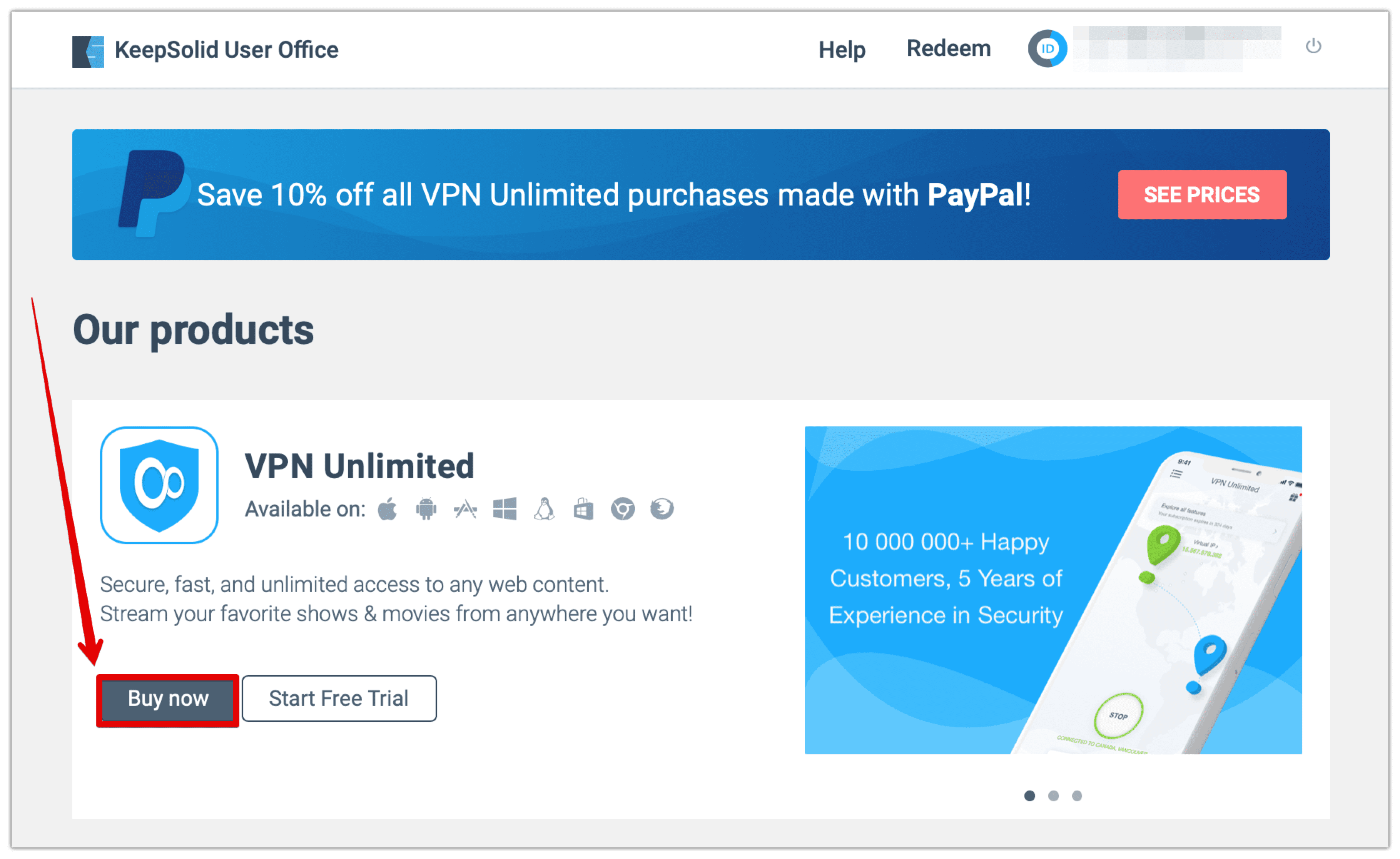3. In the Our products section, find KeepSolid VPN Unlimited and click Buy now.