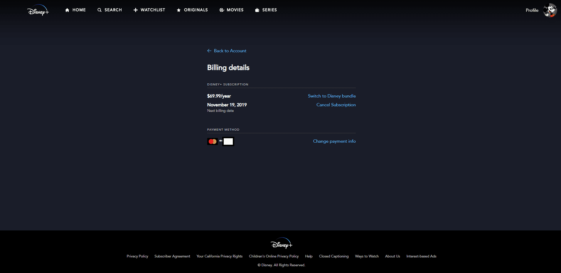 Disney Billing Details