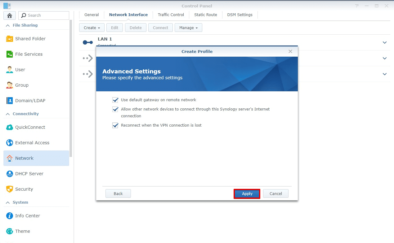 VPN on Synology NAS. Advanced Settings of the VPN profile