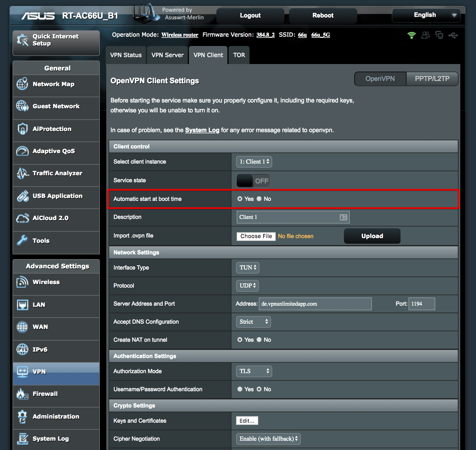 OpenVPN Client Settings: Automatic start at boot time