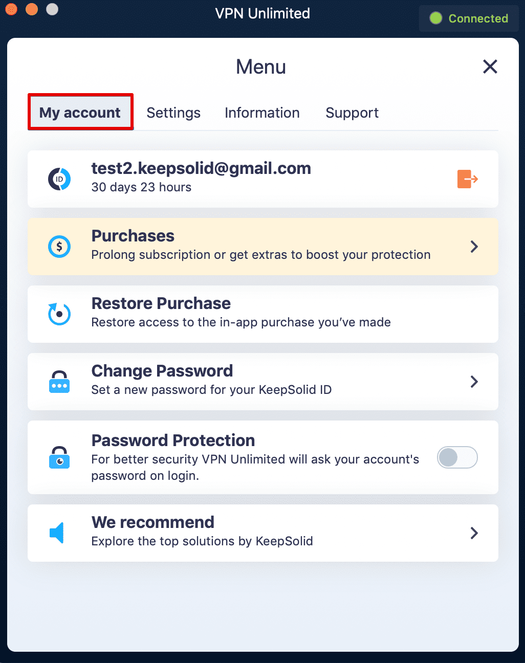 How to use the VPN app on macOS - My account tab in VPN Unlimited app