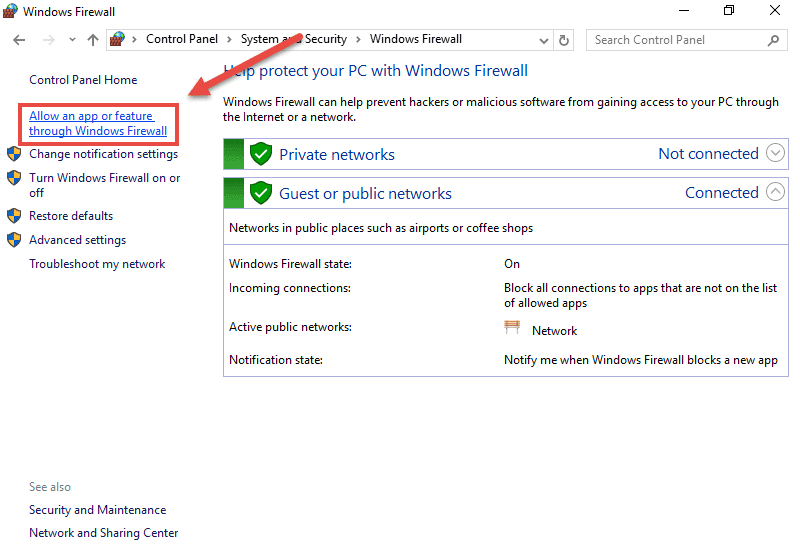 Select Allow an app or feature through Windows Firewall - VPN app for Windows 10