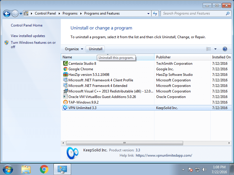 How to uninstall VPN App on Windows 7 - Select VPN Unlimited and click Uninstall