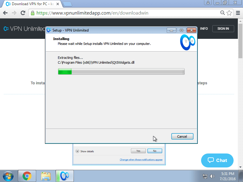 How to install VPN App on Windows 7 - The copy process of the VPN application files will start