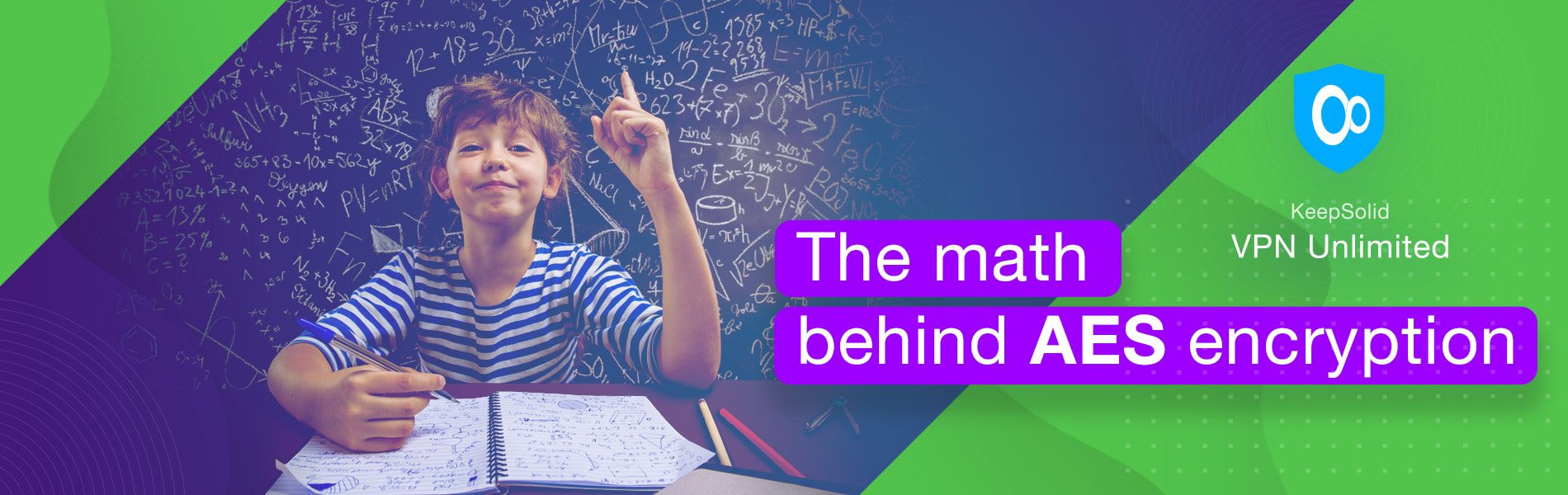 Little girl doing her homework in front of big blackboard learning about AES 128 bit and AES 256 bit